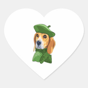 Dog Beagle in green French beret Heart Sticker