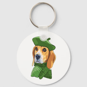 Dog Beagle in green French beret Key Ring