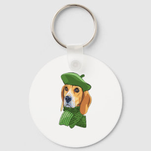 Dog Beagle in green French beret Key Ring