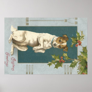 Dog Begging Holly Christmas Greetings Poster