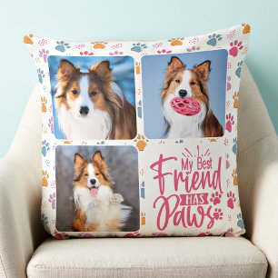 Dog Best Friend Custom 3 Photo Colourful Paw Print Cushion