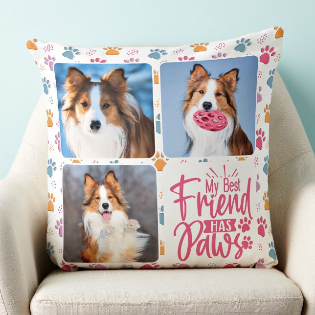 Dog Best Friend Custom 3 Photo Colourful Paw Print Cushion (Creator Uploaded)