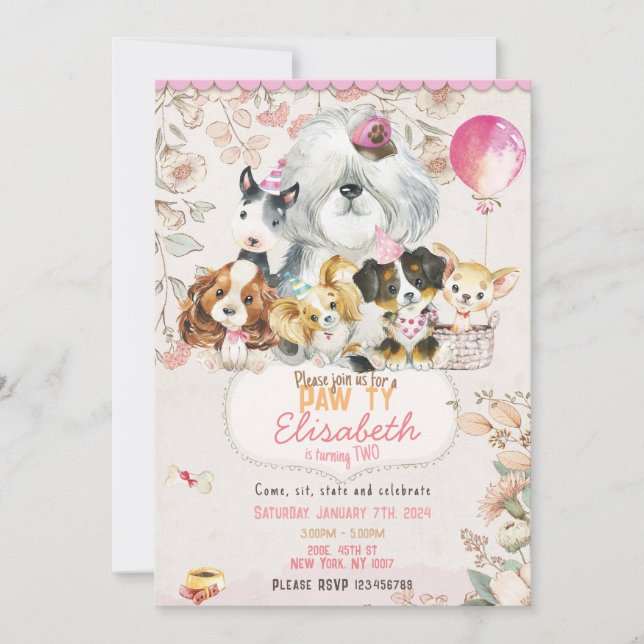 Dog Birthday Invitation Printable, girl Invitation (Front)
