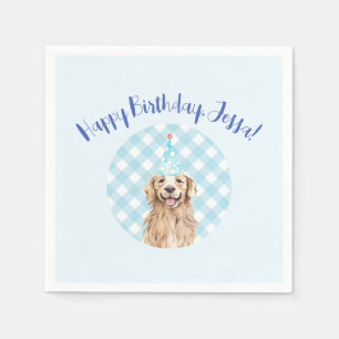 Dog Birthday Party Personalised Napkins Blue Plaid