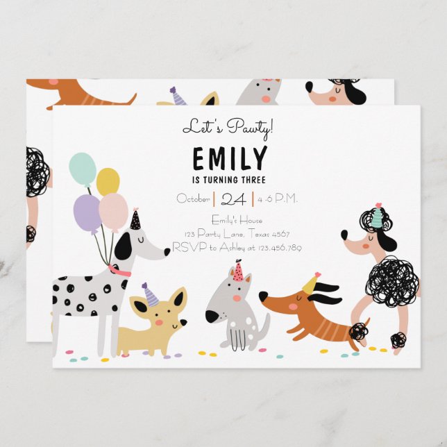 Dog Birthday Party Puppy Pawty Modern Girl Invite (Front/Back)