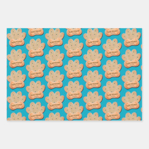 Dog Biscuit Pawprint and Bone Art Blue Wrapping Paper Sheet