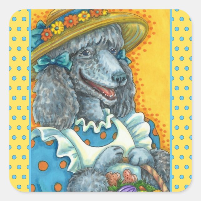 DOG BISCUITS AND EASTER EGG BASKET, CUTE POODLE SQUARE STICKER (Front)