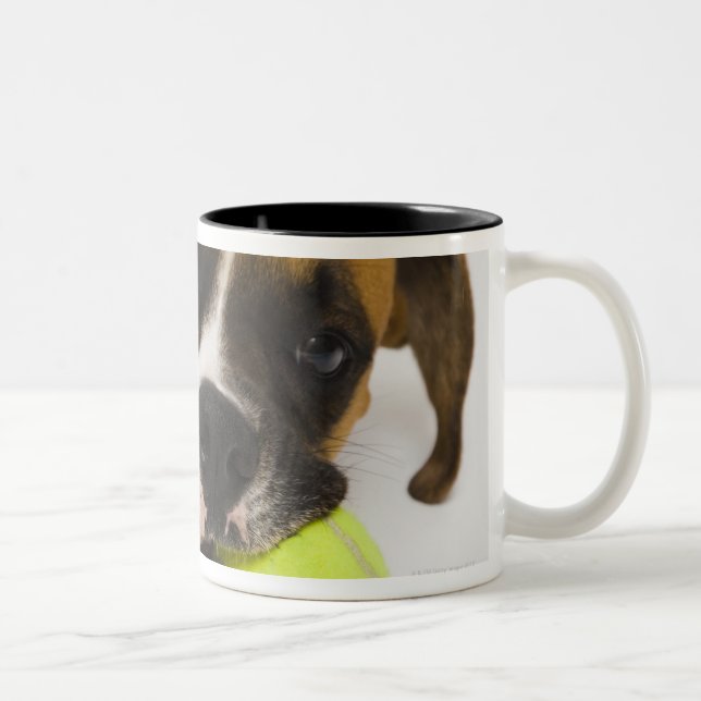 Dog biting tennis ball Two-Tone coffee mug (Right)