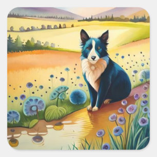 Dog black and white in the floral field square sticker