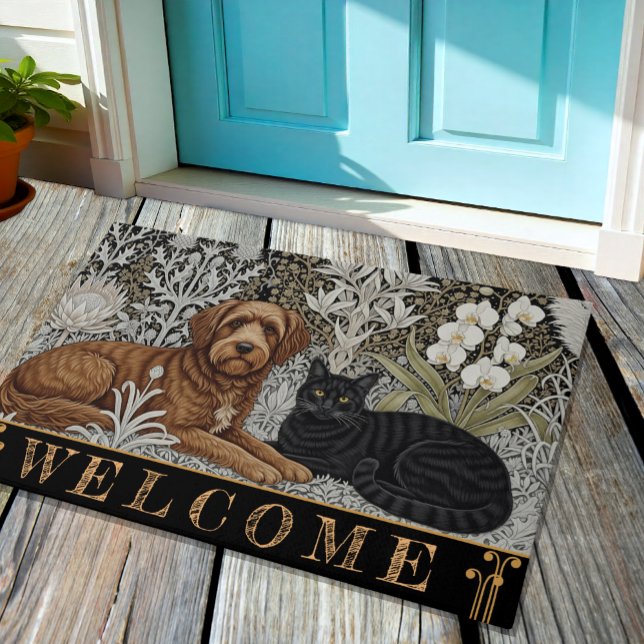 Dog & Black Cat in Art Nuovo Winter / Gold Floral Doormat (Creator Uploaded)