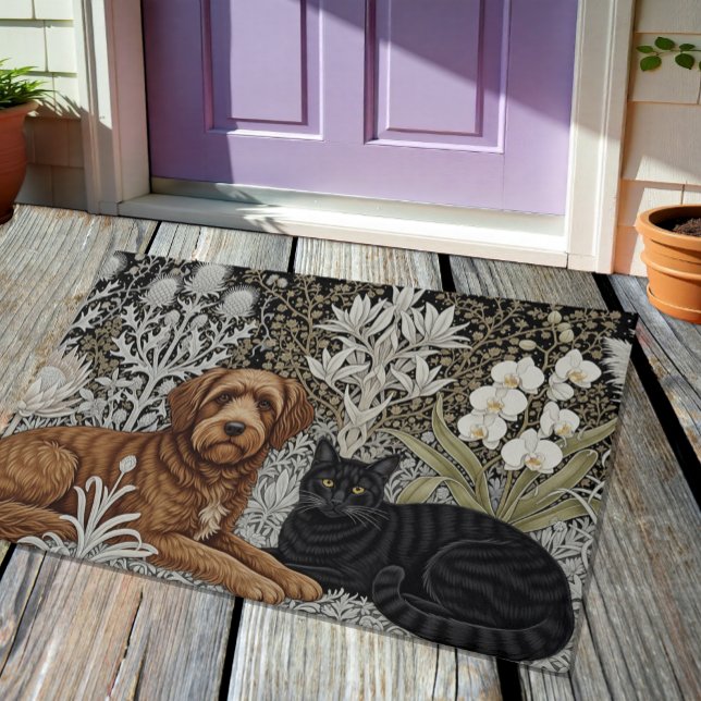 Dog & Black Cat in Floral Art Nuovo Winter / Gold Doormat (Creator Uploaded)