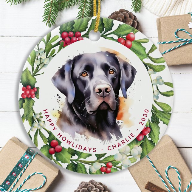 Dog Black Labrador Personalised Wreath Christmas Ceramic Ornament (Creator Uploaded)