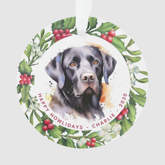 Dog Black Labrador Personalised Wreath Christmas Ornament (Front)
