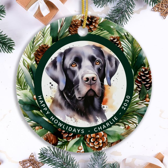 Dog Black Labrador Personalized Wreath Christmas Ceramic Ornament (Creator Uploaded)
