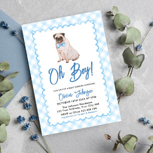 Dog Blue Gingham Oh Boy Baby Shower Invitation