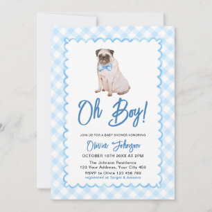 Dog Blue Gingham Oh Boy Baby Shower Invitation