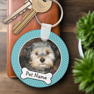 Dog Bone and Blue Polka Dot Pet Photo Frame Key Ring