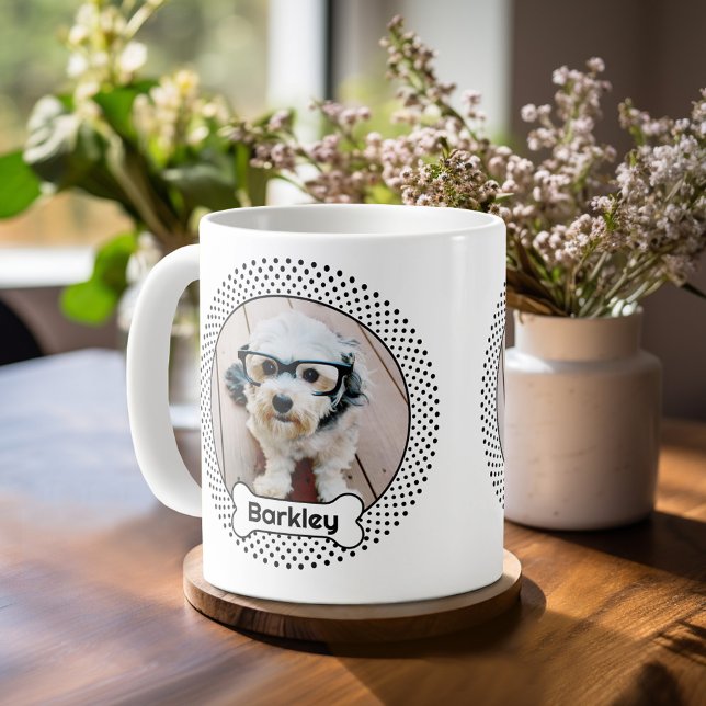 Dog Bone and Polka Dot Pet Photo Frame - White Coffee Mug (Personalized mug with a photo on each side - pet theme)