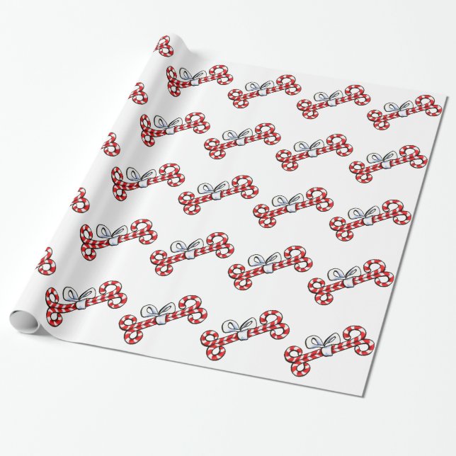 Dog Bone Candy Canes Wrapping Paper (Unrolled)