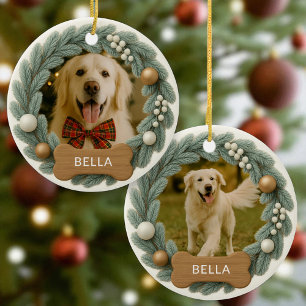 Dog Bone Custom Name Photo Holiday Christmas Ceramic Ornament
