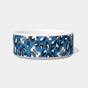 Dog Bone Leopard Print Custom Pet Name Blue Black Bowl