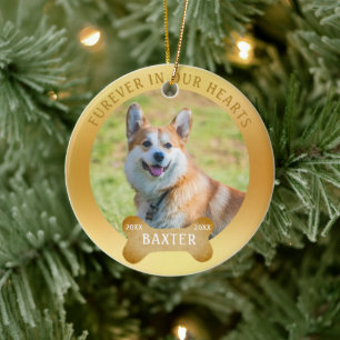 Dog Bone Memorial Gold Photo FUREVER IN OUR HEARTS Ceramic Ornament