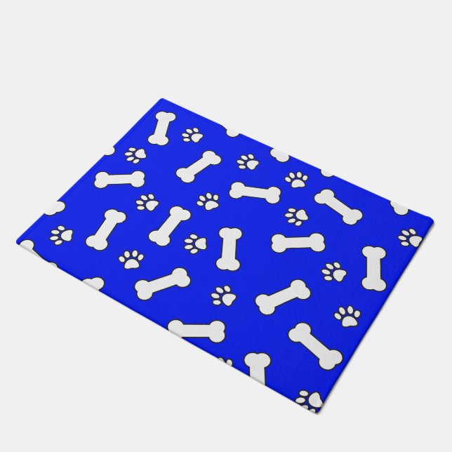 Dog Bones and Paw Prints Blue and White Pattern Doormat (Angled)