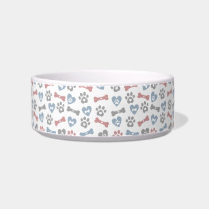 Dog Bones Paws And Hearts Blue Pink Grey Pattern Bowl