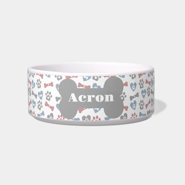 Dog Bones Paws And Hearts Blue Pink Grey Pattern Bowl (Front)