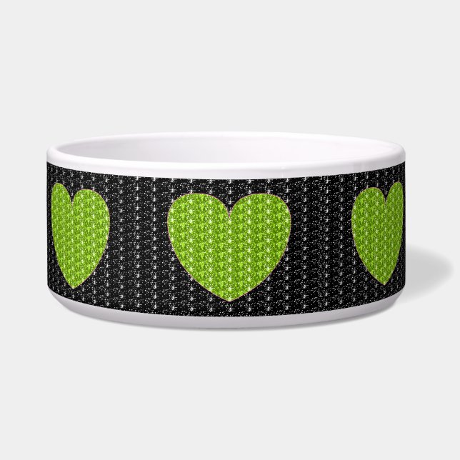 Dog Bowl Black Lime Green Heart Glitter (Front)