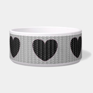 Dog Bowl Black Silver Heart Glitter