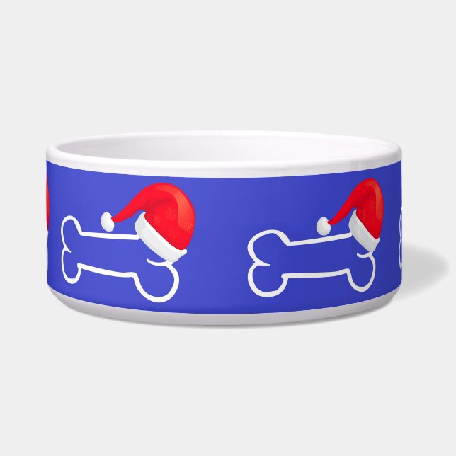 Dog Bowl Blue Santa Hat Bone (Front)