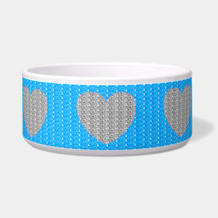 Dog Bowl Bright Blue Silver Heart Glitter