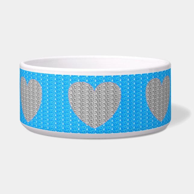 Dog Bowl Bright Blue Silver Heart Glitter (Front)