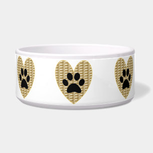 Dog Bowl Gold Ribbed Black Paw Heart