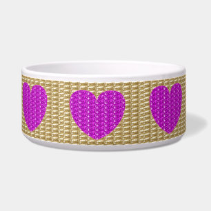 Dog Bowl Gold Ribbed Pink Heart Glitter