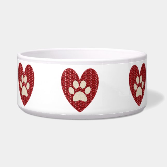 Dog Bowl Paw Heart Red White Glitter.. (Front)