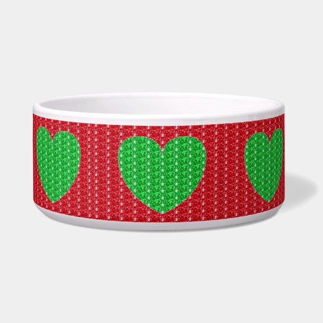 Dog Bowl Red Green Heart Glitter (Front)