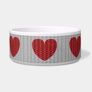 Dog Bowl Silver Red Heart Glitter