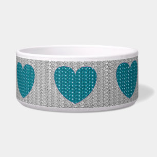 Dog Bowl Silver Turquois Heart Glitter