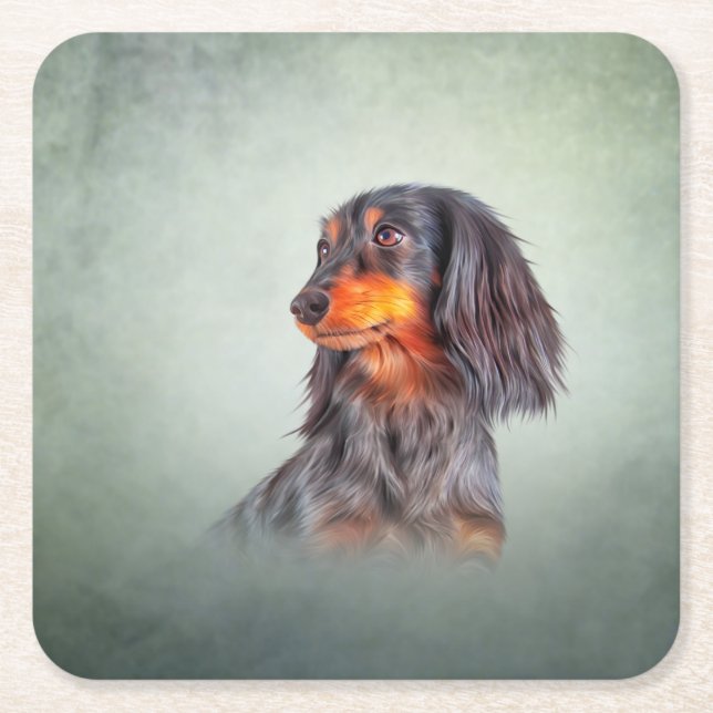 Dog breed long haired dachshund square paper coaster (Front)