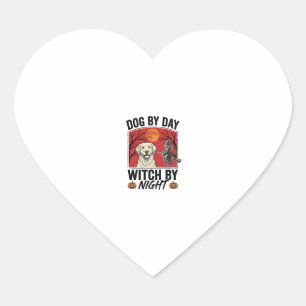 Dog By Day Witch By Night Vintage Halloween Dog De Heart Sticker