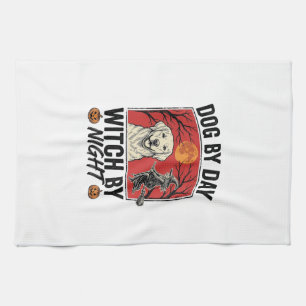 Dog By Day Witch By Night Vintage Halloween Dog De Tea Towel