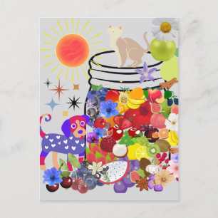 dog, cat, and fruits and flowers postcard