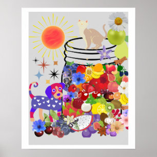 dog, cat, and fruits and flowers poster