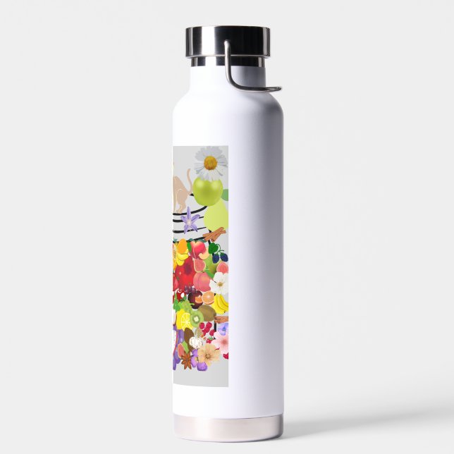 dog, cat, and fruits and flowers water bottle (Left)