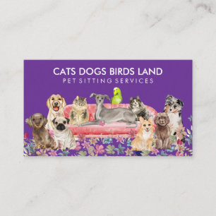 Dog Cat Bird Hotel Sofa Pet Sitting purple Business Card