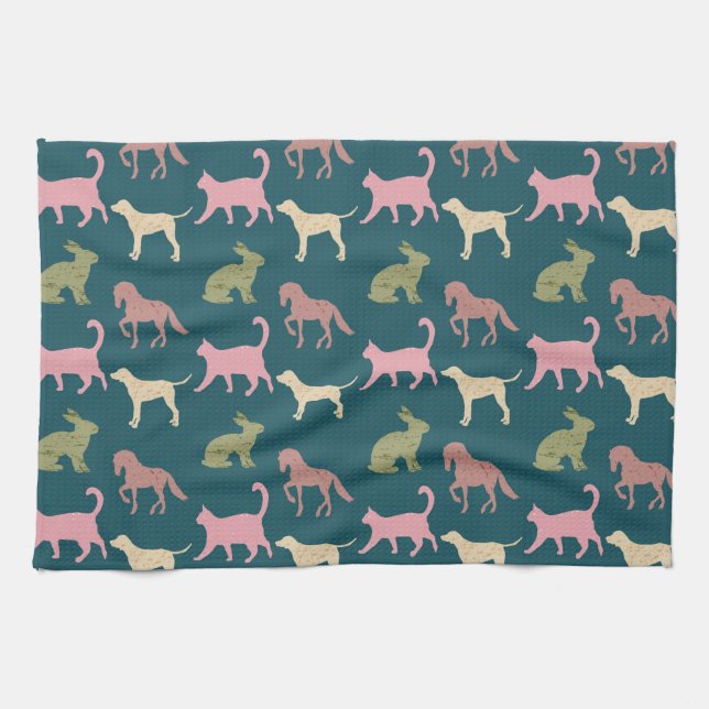 Dog Cat Horse Animal Silhouettes Pattern Tea Towel (Horizontal)