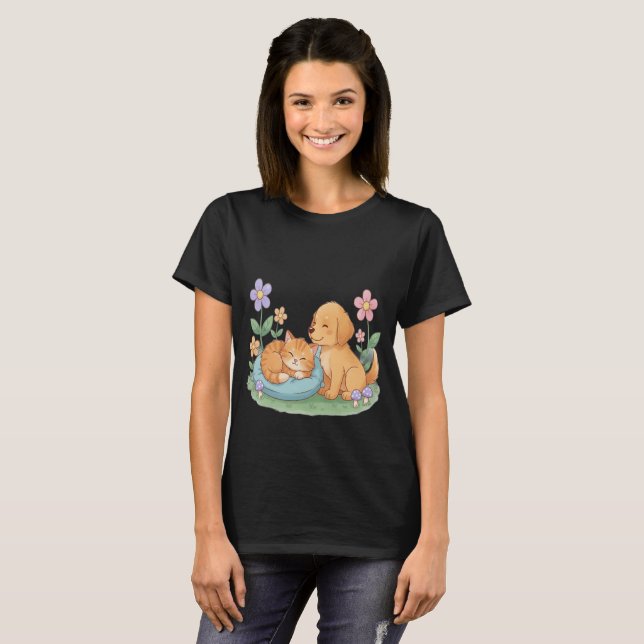 Dog & Cat in Nature – Cute Animal T-Shirt for Pet  (Front Full)