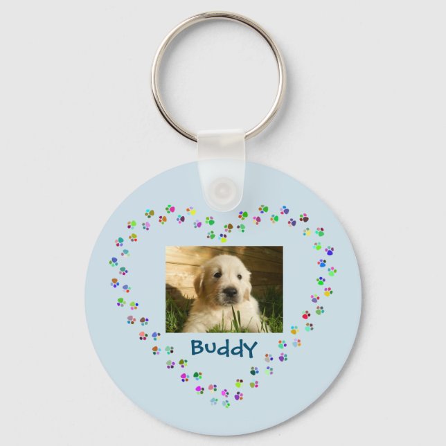 Dog Cat Paw Prints Heart Pet Photo Key Ring (Front)